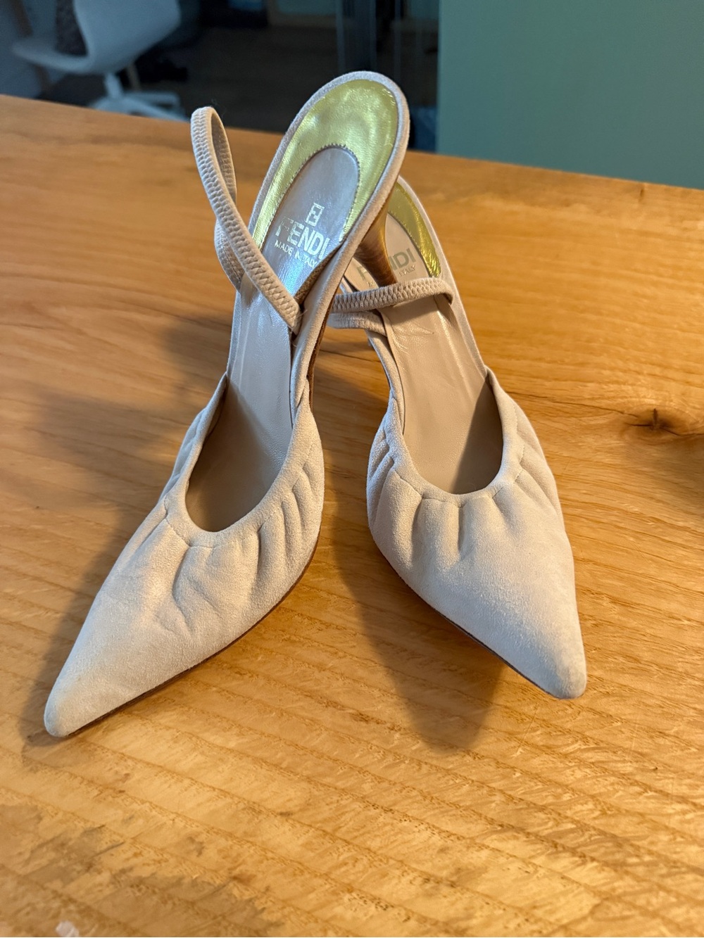 Fendi Beige Pointed Suede Slingback Heels